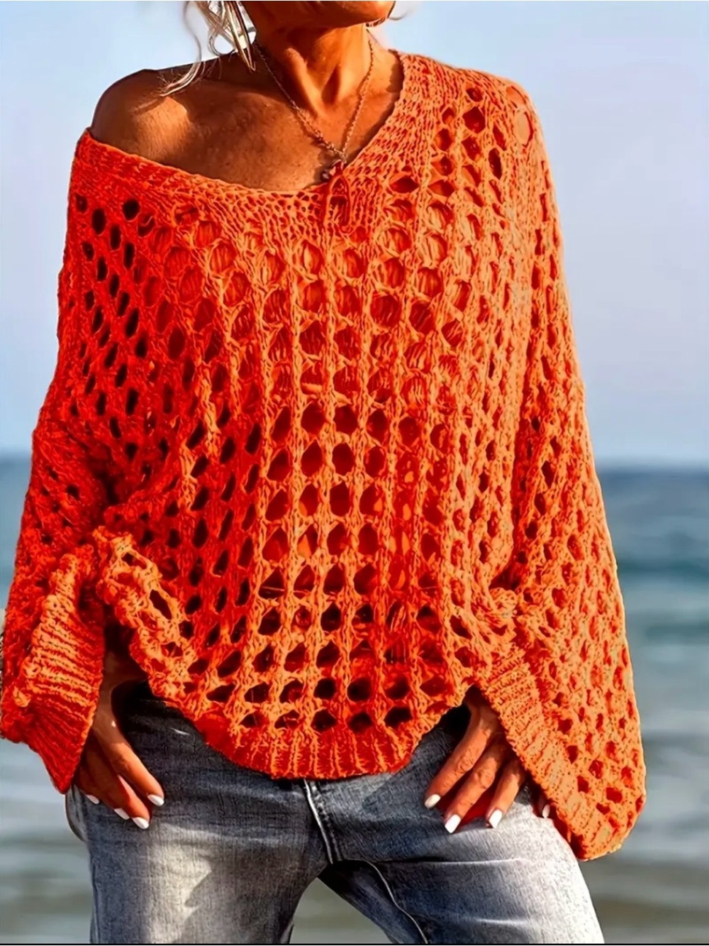 NWOT Open-Knit, Off-Shoulder, Crochet Orange Sweater, Size Large